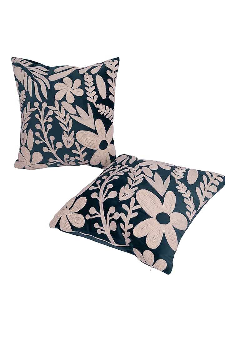 Dark Green Soft Woven Cotton Floral Square Cushion Cover (Set of 2) by Ratios at Pernia's Pop Up Shop