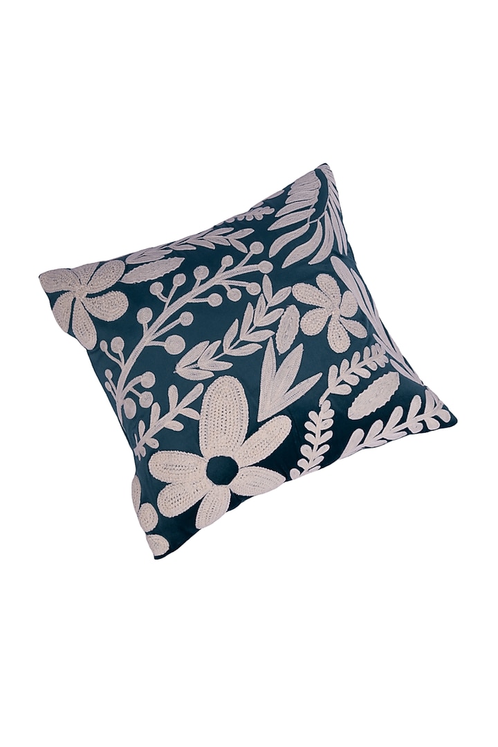 Dark Green Soft Woven Cotton Floral Square Cushion Cover (Set of 2) by Ratios at Pernia's Pop Up Shop