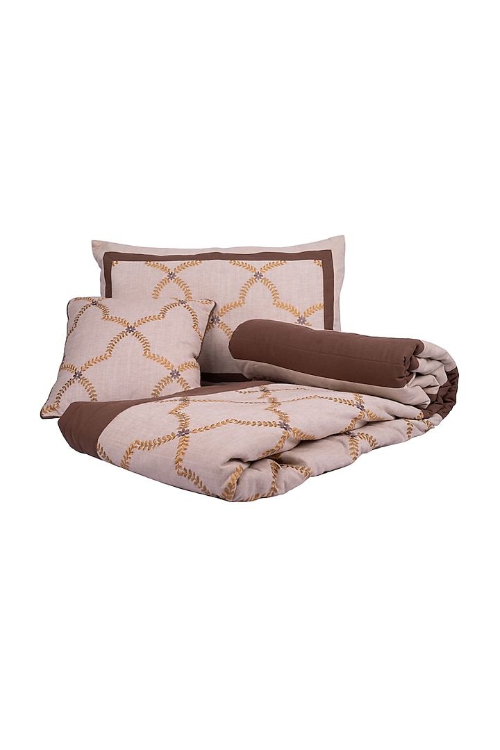 Cream & Brown Cotton Cambric Geometric Pattern Bed Cover (Set of 5) by Ratios