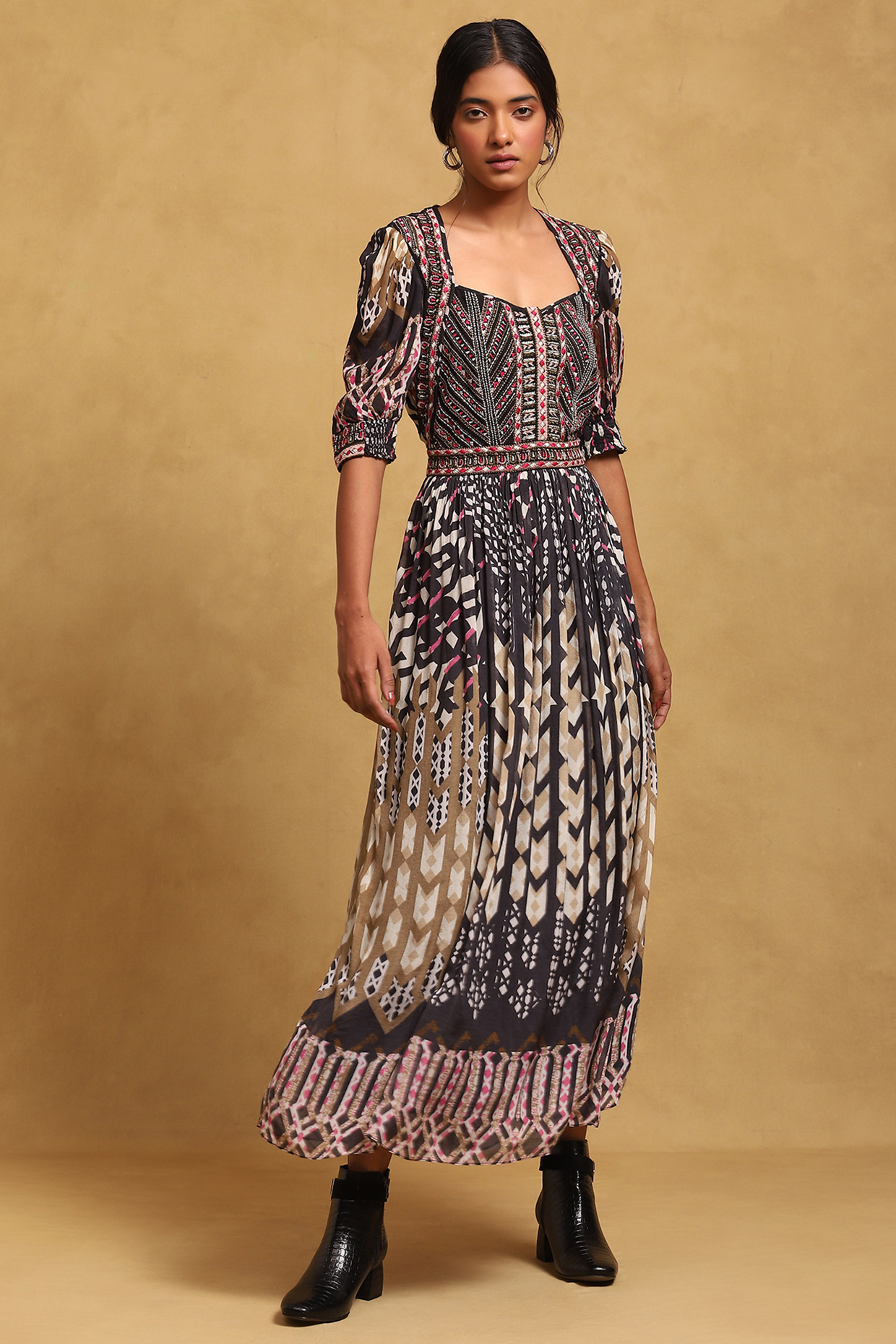 Black Viscose Chinon Abstract Printed Summer Dress by Ritu Kumar at Pernia's Pop Up Shop