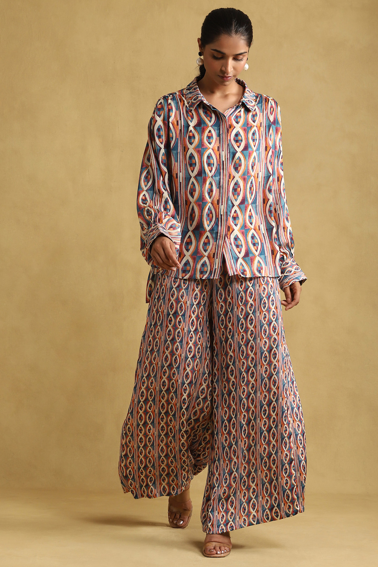 Blue Viscose Satin Geometric Printed Co-Ord Set by Ritu Kumar at Pernia's Pop Up Shop