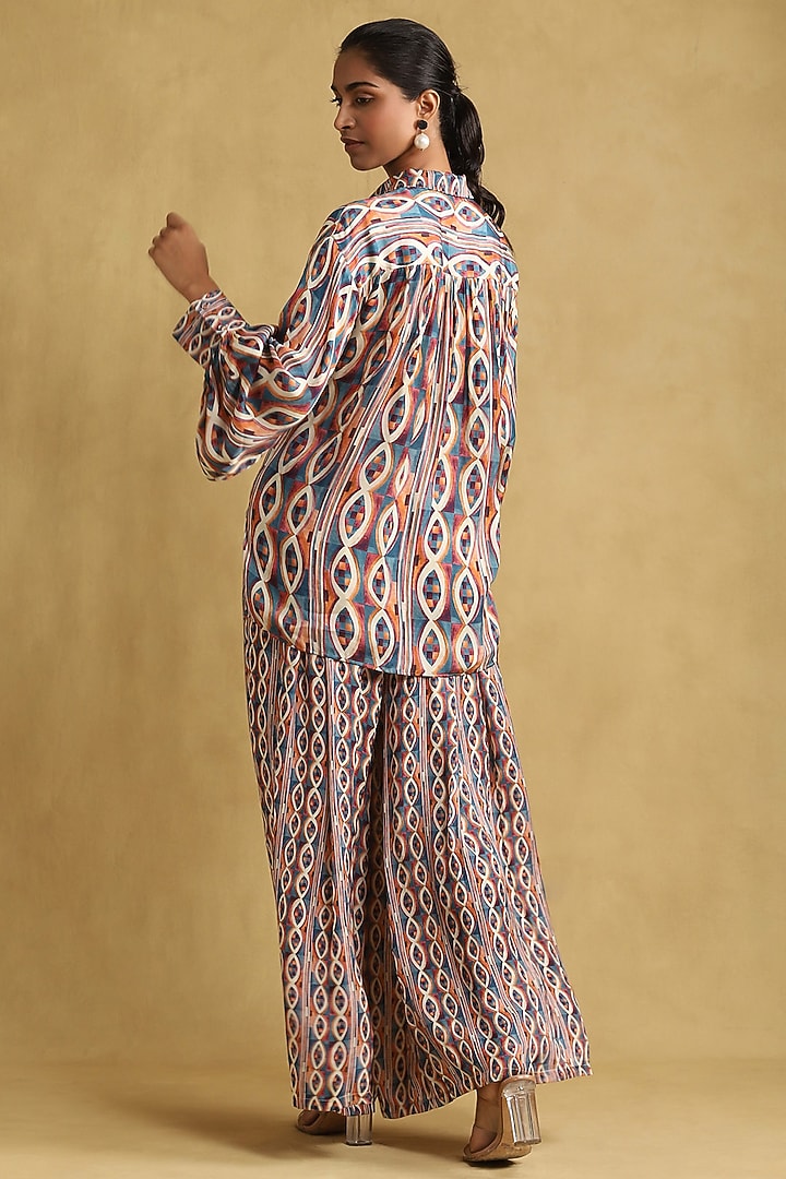 Blue Viscose Satin Geometric Printed Co-Ord Set by Ritu Kumar at Pernia's Pop Up Shop