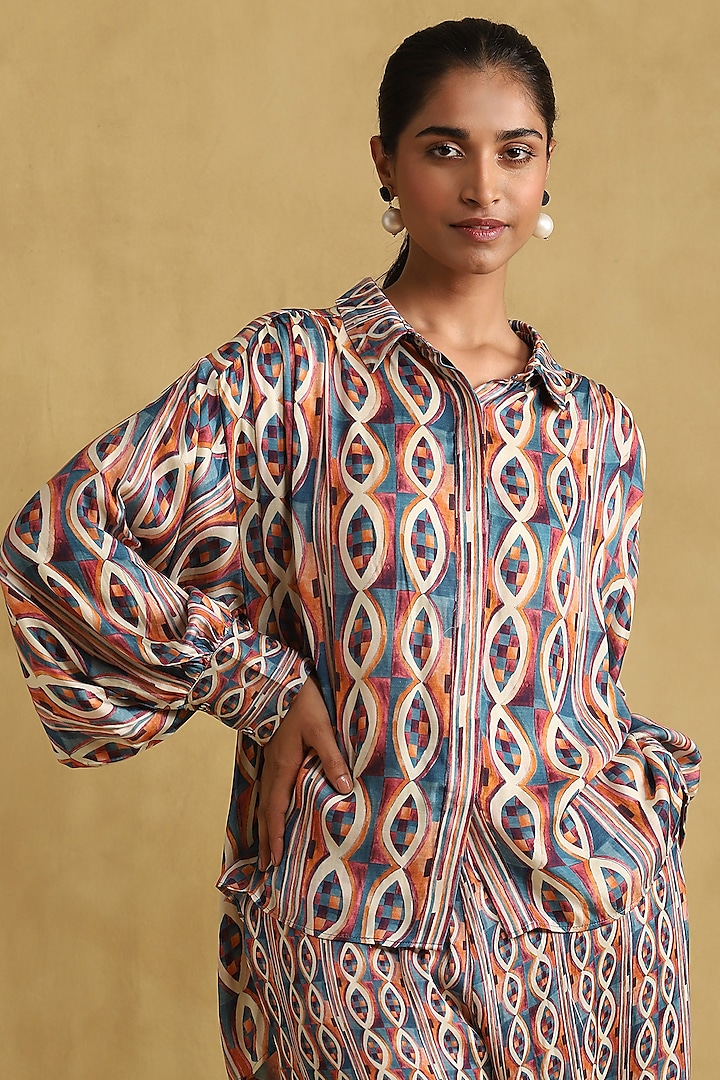 Blue Viscose Satin Geometric Printed Co-Ord Set by Ritu Kumar at Pernia's Pop Up Shop
