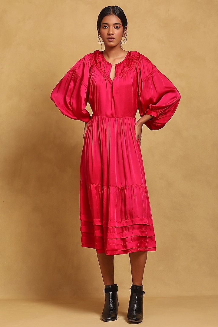 Fuchsia Hammer Poly Satin Dress by Ritu Kumar