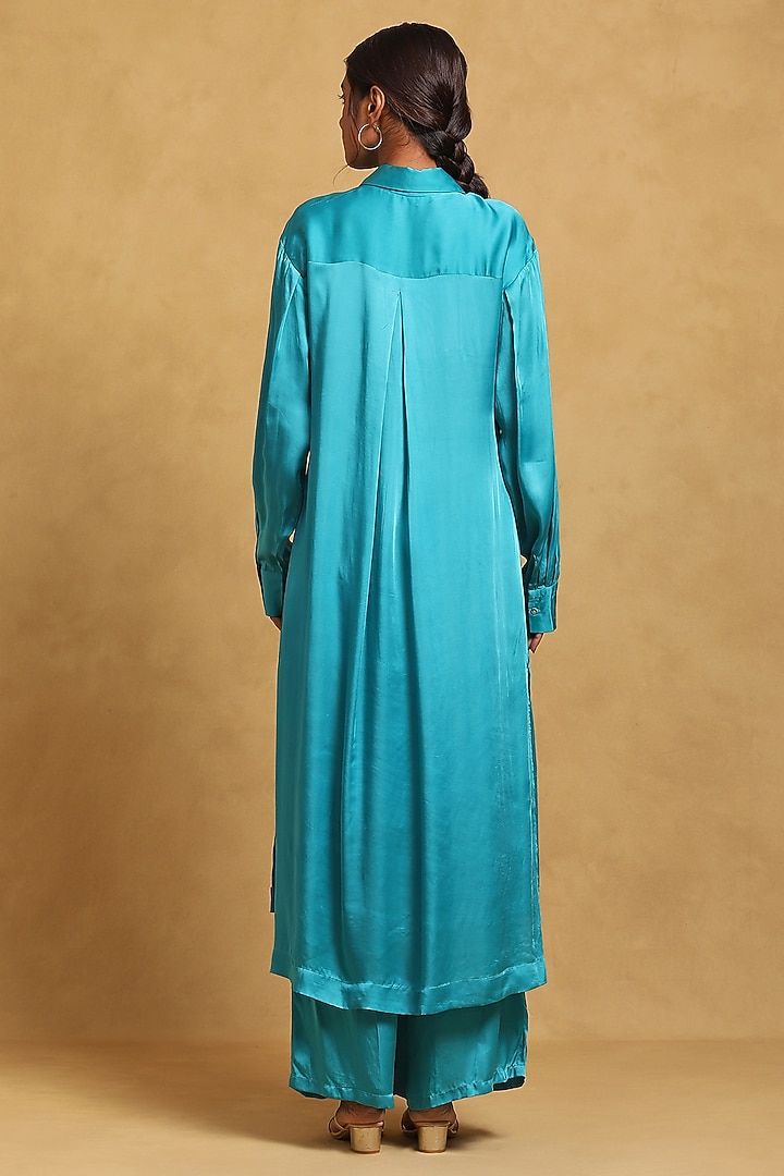 Blue Hammer Poly Satin Kurta Set by Ritu Kumar at Pernia's Pop Up Shop