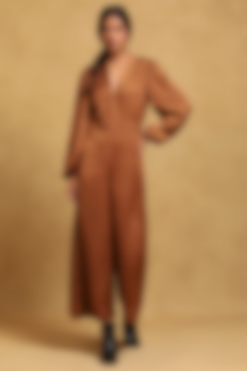 Brown Hammer Poly Satin Jumpsuit by Ritu Kumar at Pernia's Pop Up Shop