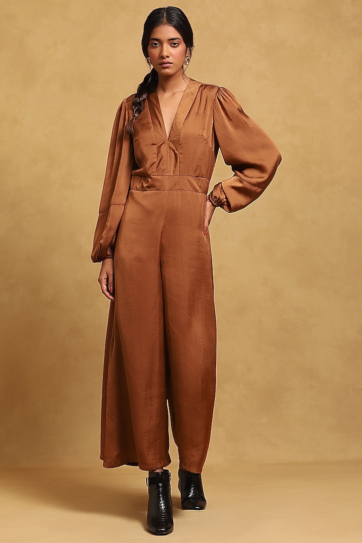 Brown Hammer Poly Satin Jumpsuit by Ritu Kumar at Pernia's Pop Up Shop