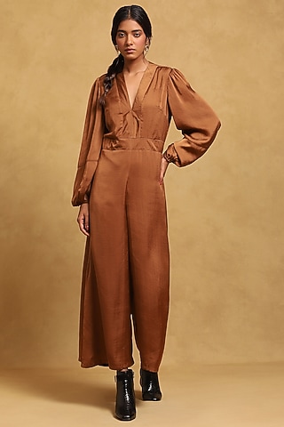 Brown Hammer Poly Satin Jumpsuit by Ritu Kumar