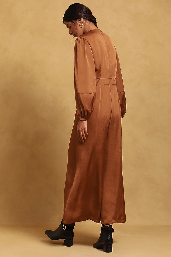 Brown Hammer Poly Satin Jumpsuit by Ritu Kumar at Pernia's Pop Up Shop