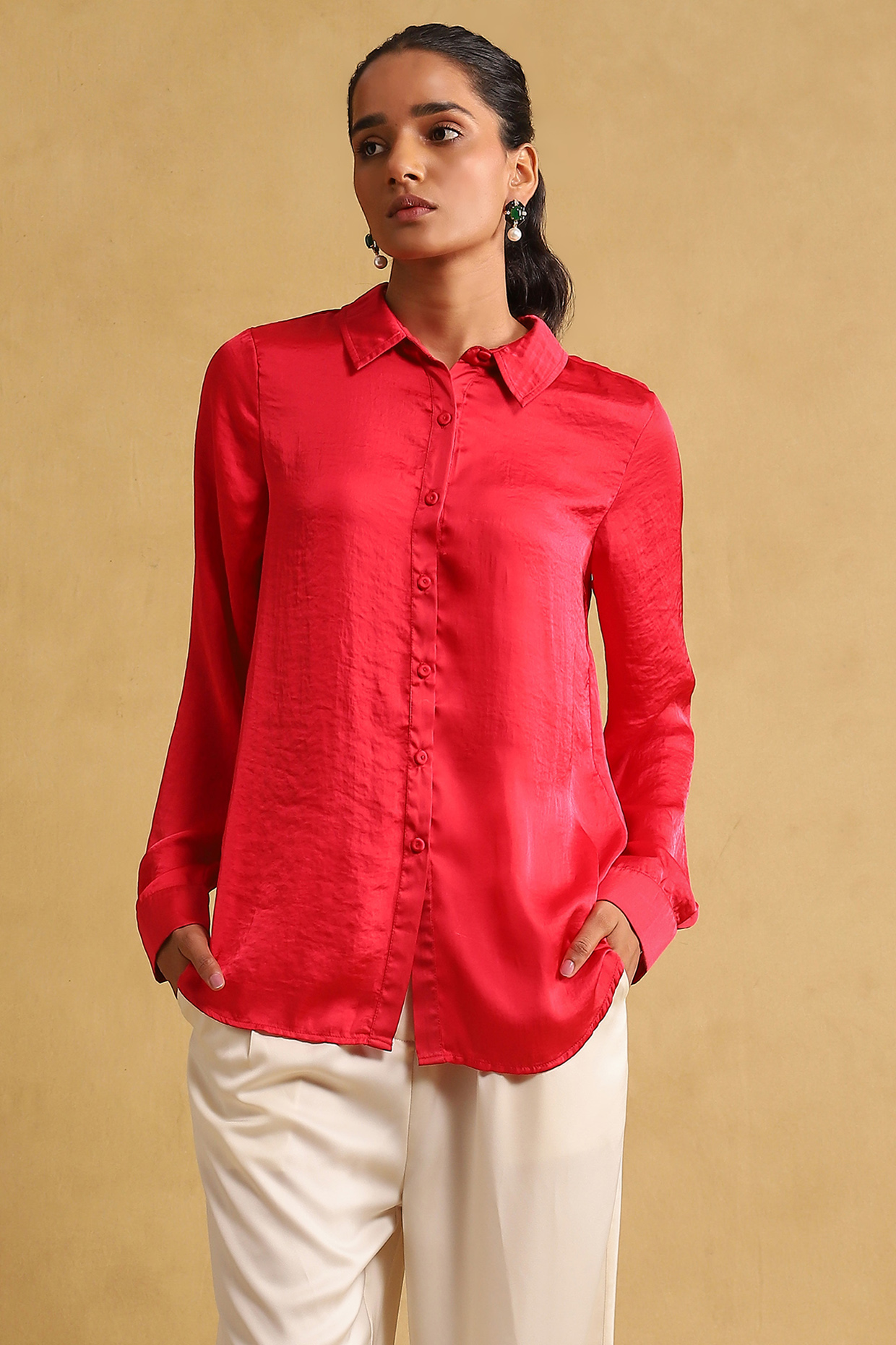 Fuchsia Hammer Poly Satin Shirt by Ritu Kumar at Pernia's Pop Up Shop