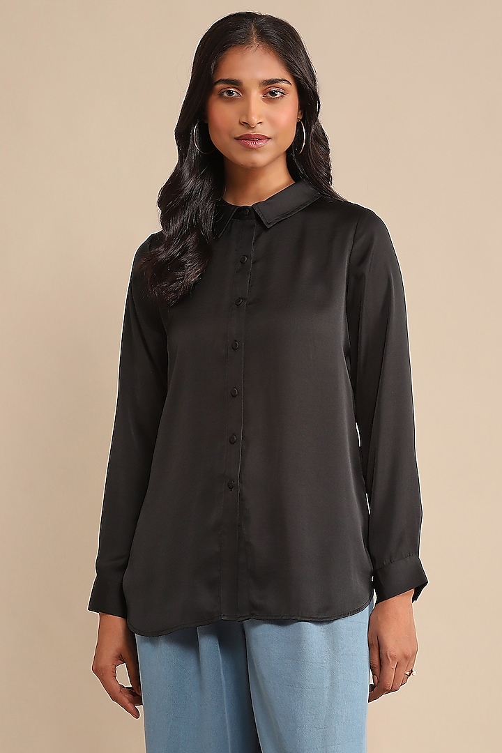 Black Hammer Poly Satin Shirt by Ritu Kumar at Pernia's Pop Up Shop