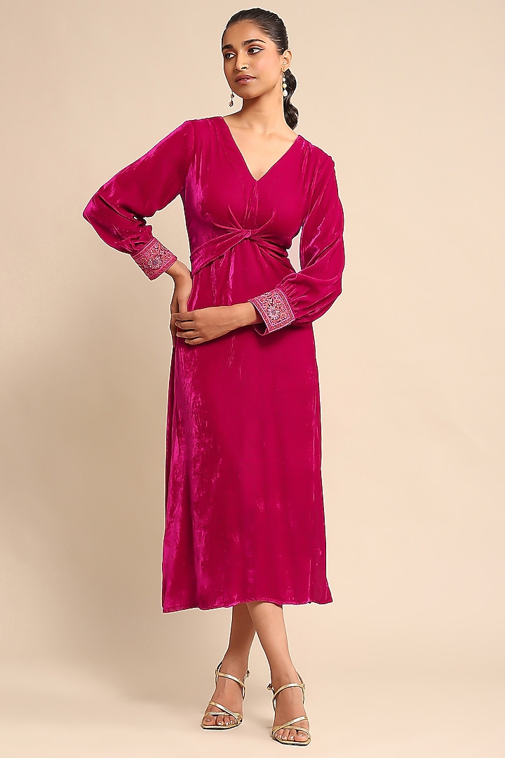 Fuchsia Silk Velvet Midi Dress by Ritu Kumar