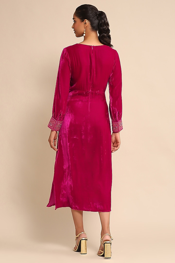 Fuchsia Silk Velvet Midi Vacation Dress by Ritu Kumar at Pernia's Pop Up Shop