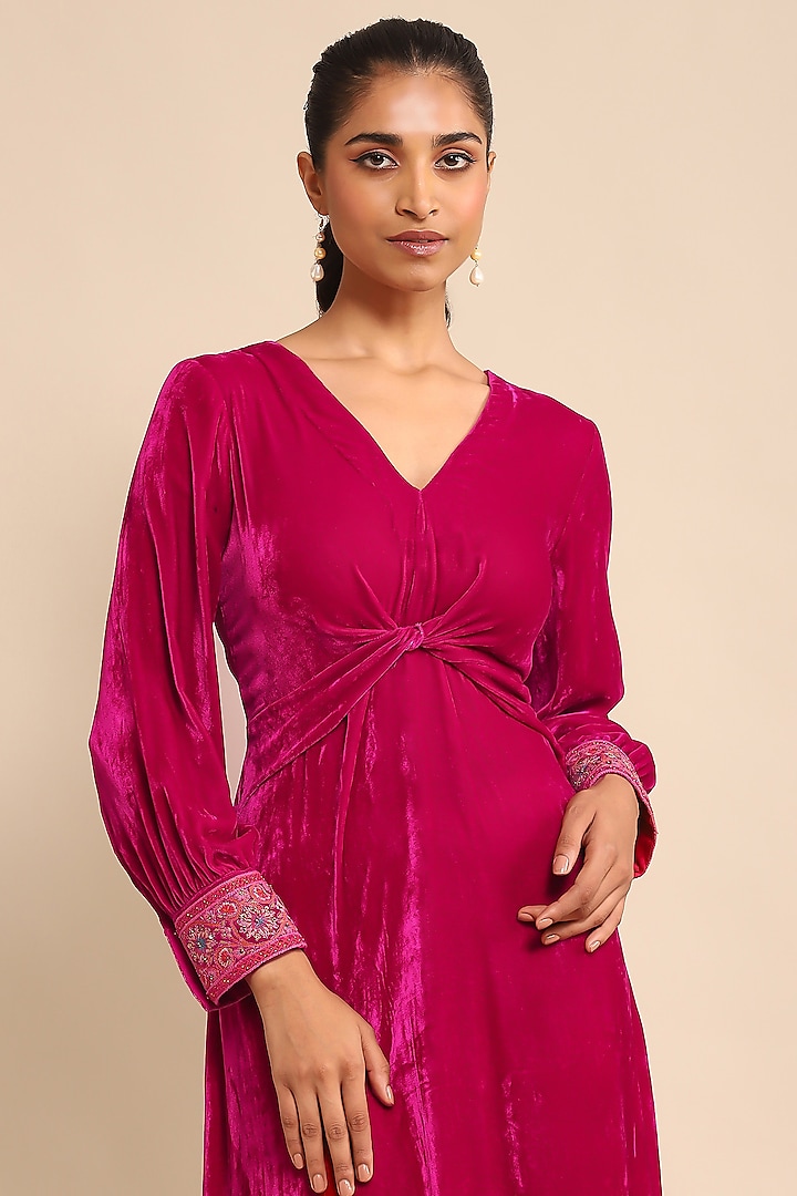 Fuchsia Silk Velvet Midi Vacation Dress by Ritu Kumar at Pernia's Pop Up Shop