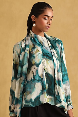Teal Viscose & Satin Printed Top by Ritu Kumar