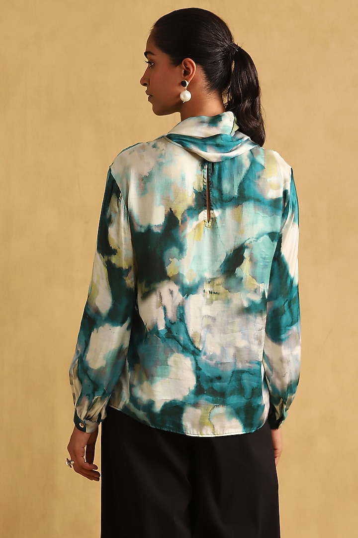 Teal Viscose & Satin Printed Top by Ritu Kumar at Pernia's Pop Up Shop