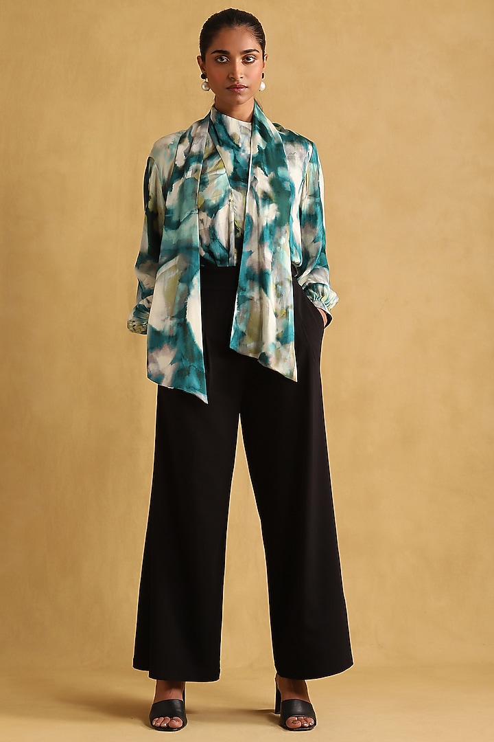 Teal Viscose & Satin Printed Top by Ritu Kumar at Pernia's Pop Up Shop