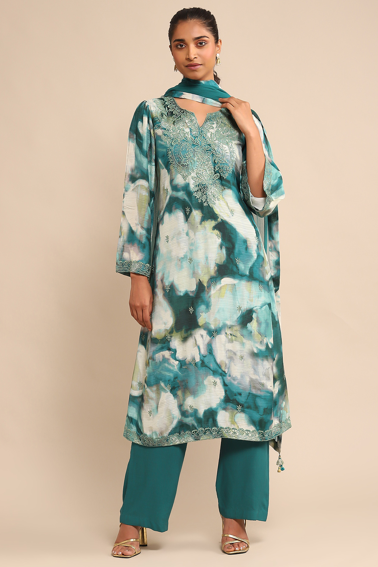 Teal Viscose Bamberg Embroidered Kurta Set by Ritu Kumar at Pernia's Pop Up Shop