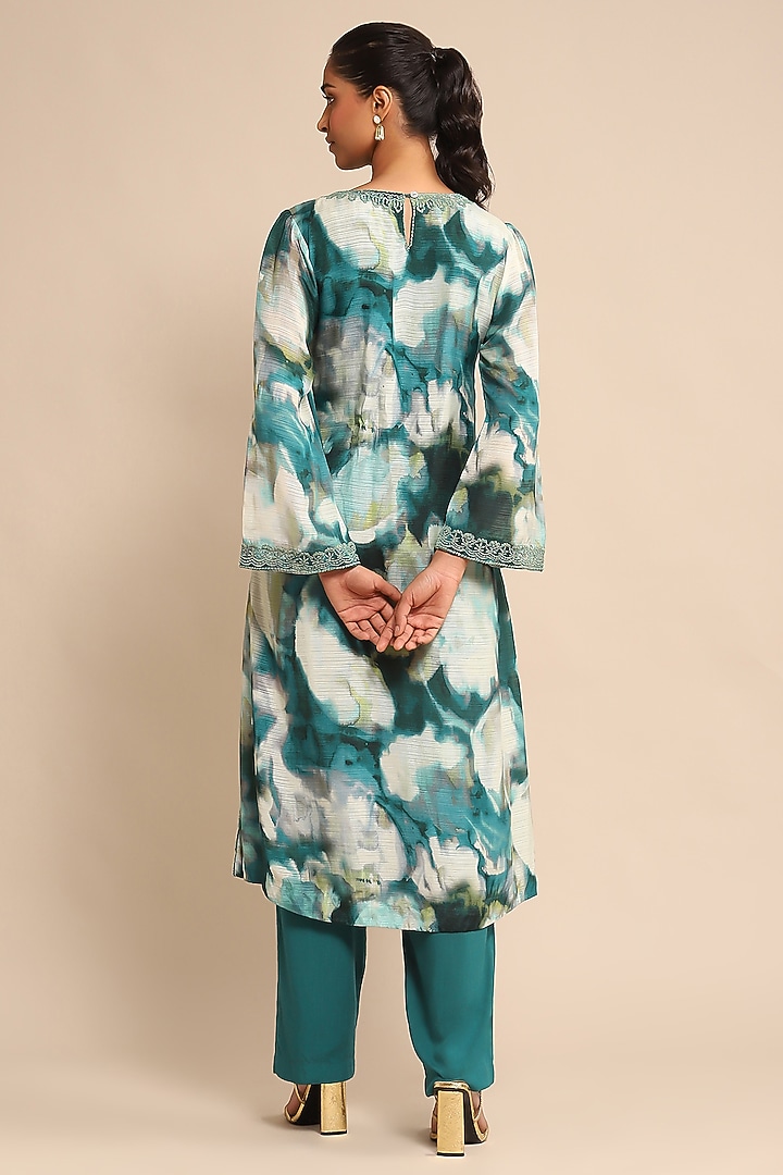 Teal Viscose Bamberg Embroidered Kurta Set by Ritu Kumar at Pernia's Pop Up Shop