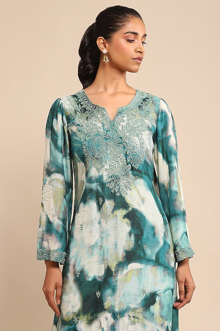 Teal Viscose Bamberg Embroidered Kurta Set by Ritu Kumar at Pernia's Pop Up Shop