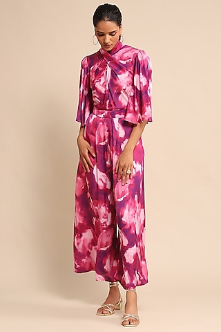 Pink Viscose & Satin Jumpsuit by Ritu Kumar