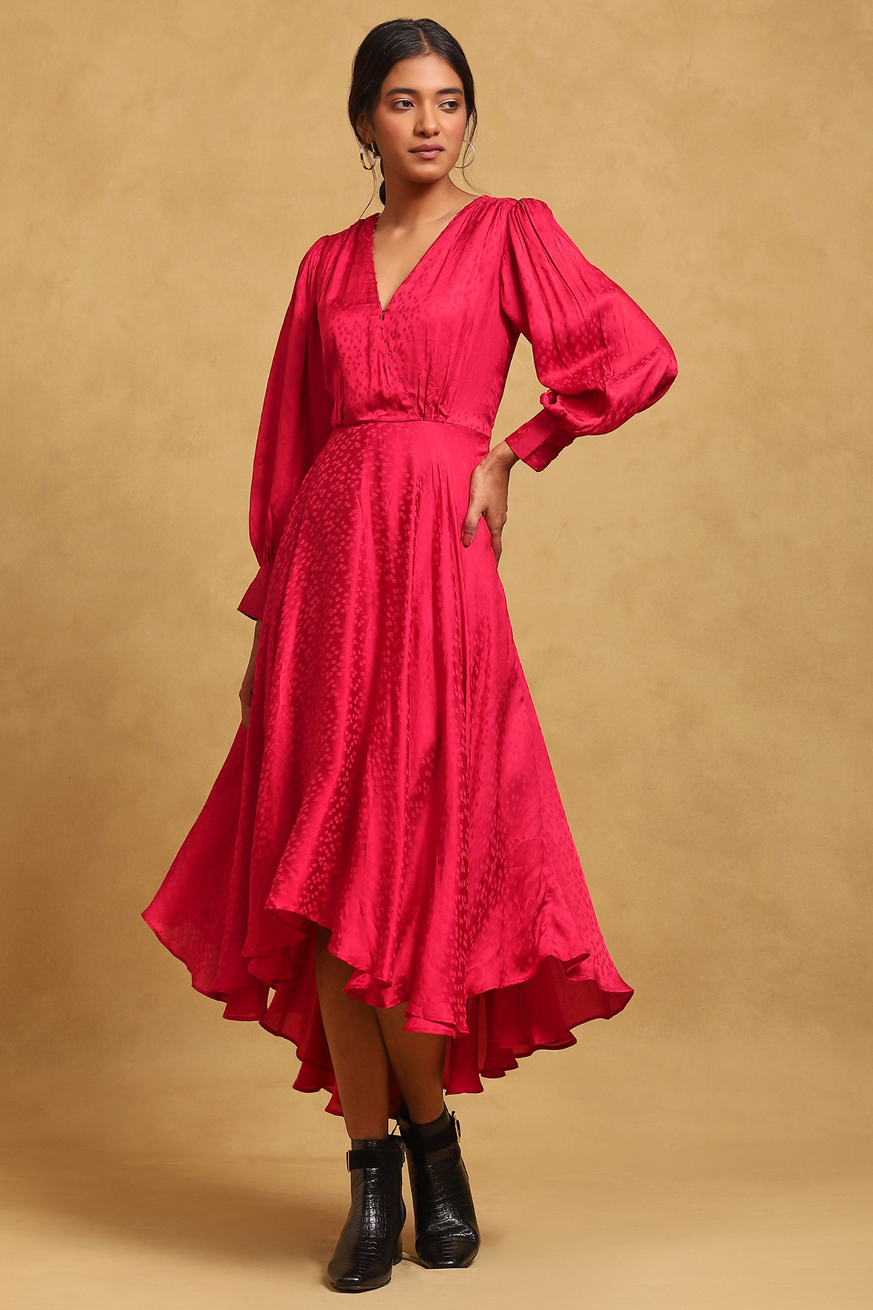 Red Viscose Dobby Midi Summer Dress by Ritu Kumar at Pernia's Pop Up Shop