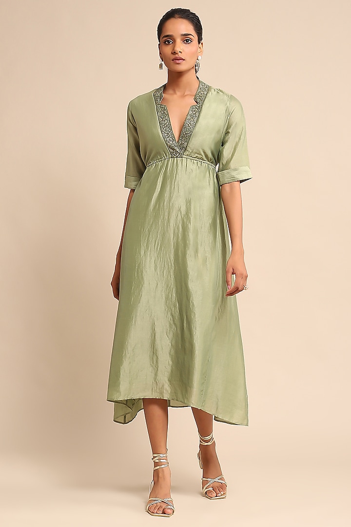 Green Cotton Silk & Chanderi Midi Dress by Ritu Kumar