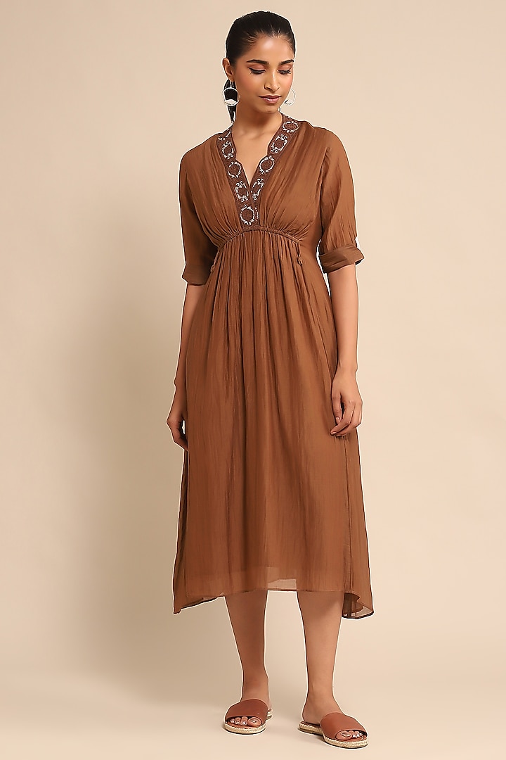 Brown Cotton Silk & Chanderi Midi Dress by Ritu Kumar