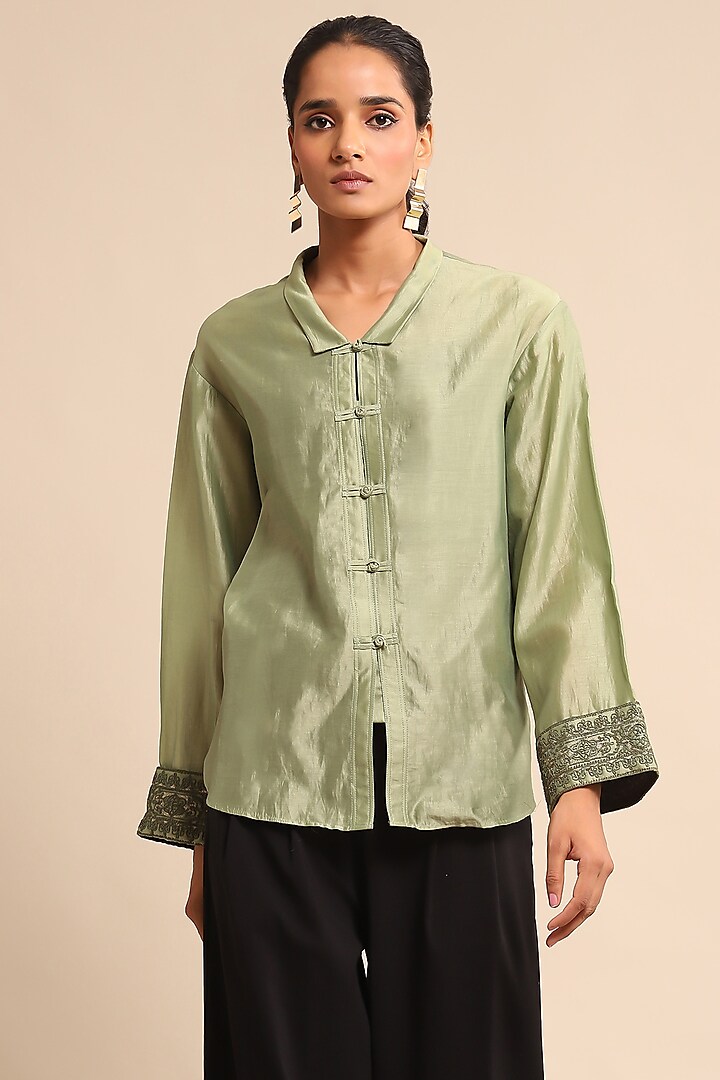 Green Cotton Silk & Chanderi Shirt by Ritu Kumar