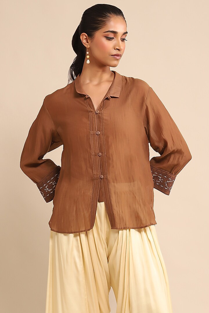 Brown Cotton Silk & Chanderi Shirt by Ritu Kumar at Pernia's Pop Up Shop