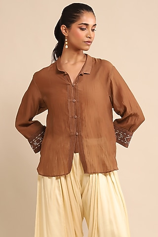 Brown Cotton Silk & Chanderi Shirt by Ritu Kumar