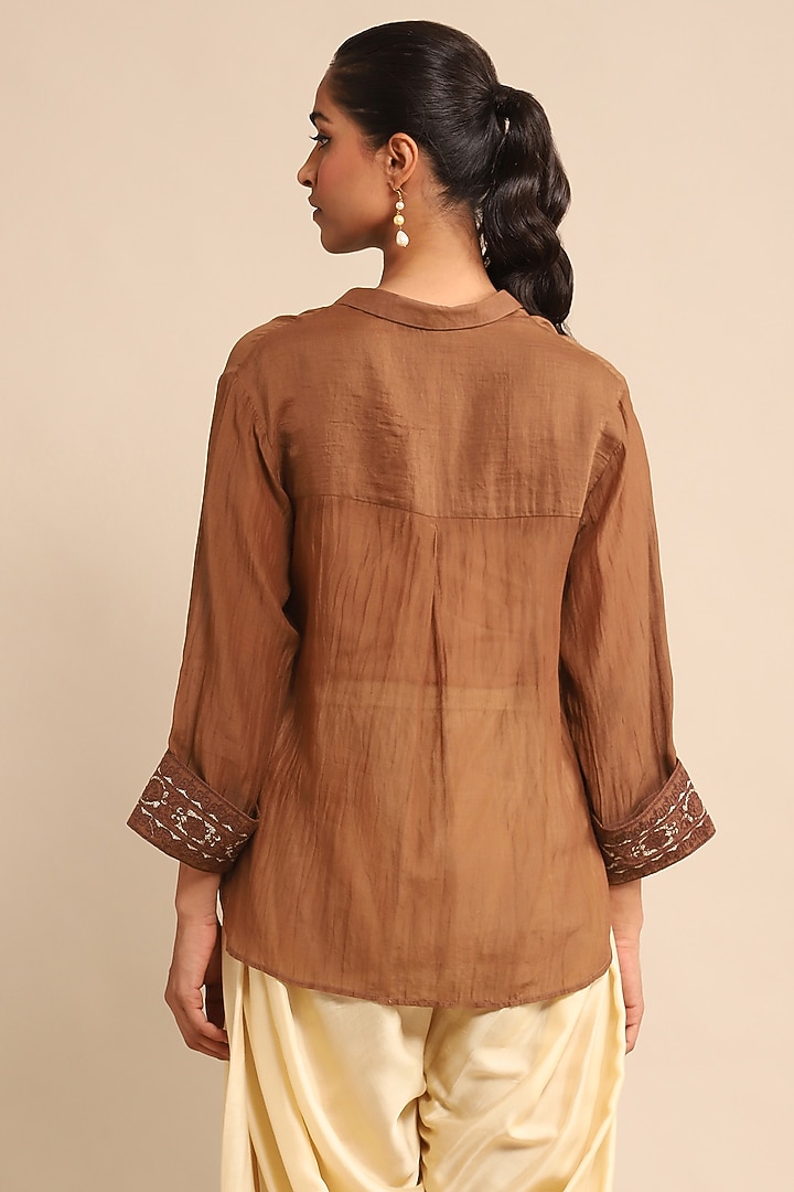 Brown Cotton Silk & Chanderi Shirt by Ritu Kumar at Pernia's Pop Up Shop