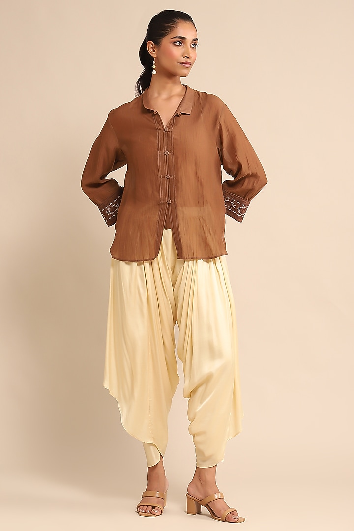 Brown Cotton Silk & Chanderi Shirt by Ritu Kumar at Pernia's Pop Up Shop