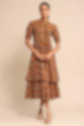 Brown Cotton Ikat Checkered Midi Dress by Ritu Kumar
