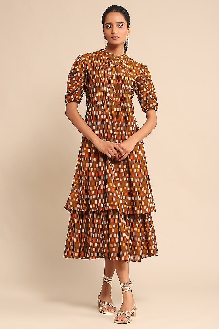 Brown Cotton Ikat Checkered Midi Dress by Ritu Kumar at Pernia's Pop Up Shop