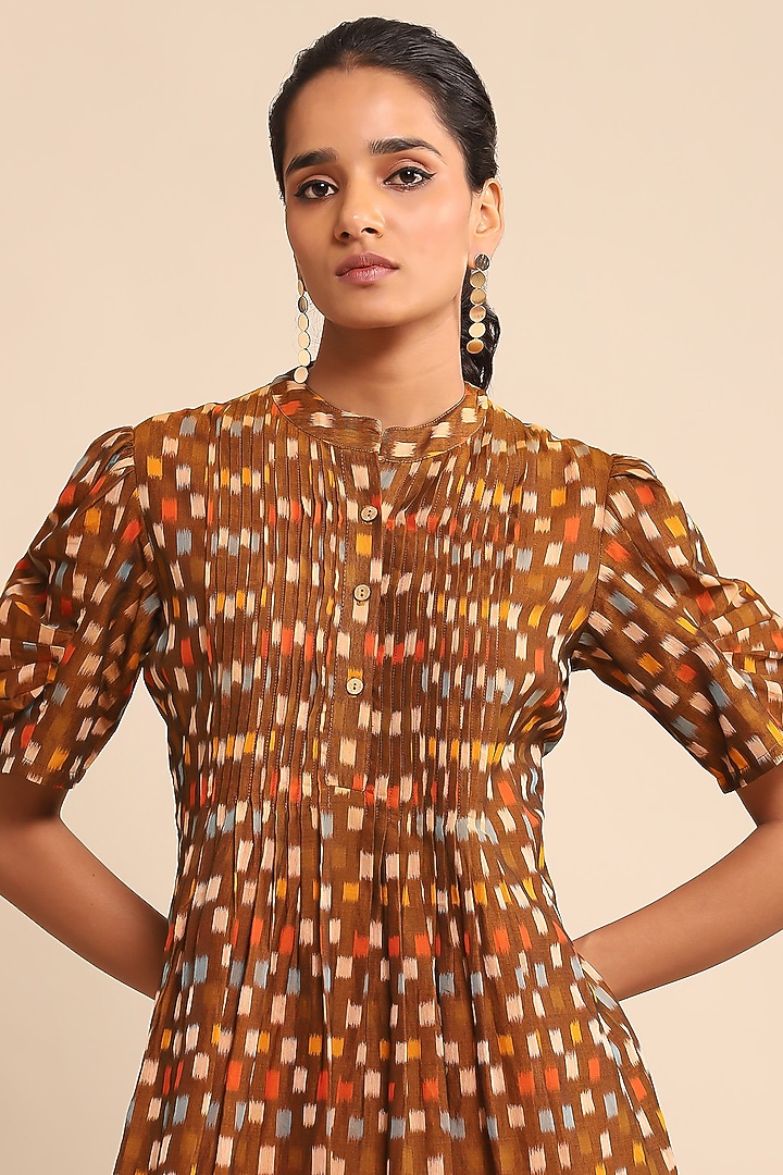Brown Cotton Ikat Checkered Midi Summer Dress by Ritu Kumar at Pernia's Pop Up Shop
