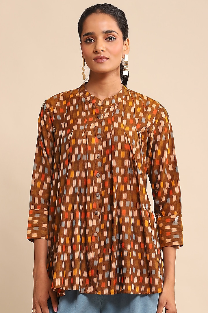 Brown Cotton Ikat Checkered Shirt by Ritu Kumar at Pernia's Pop Up Shop