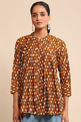 Brown Cotton Ikat Checkered Shirt by Ritu Kumar
