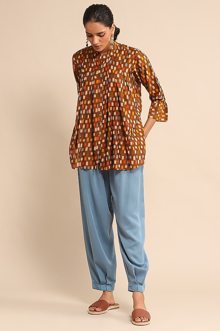 Brown Cotton Ikat Checkered Shirt by Ritu Kumar at Pernia's Pop Up Shop