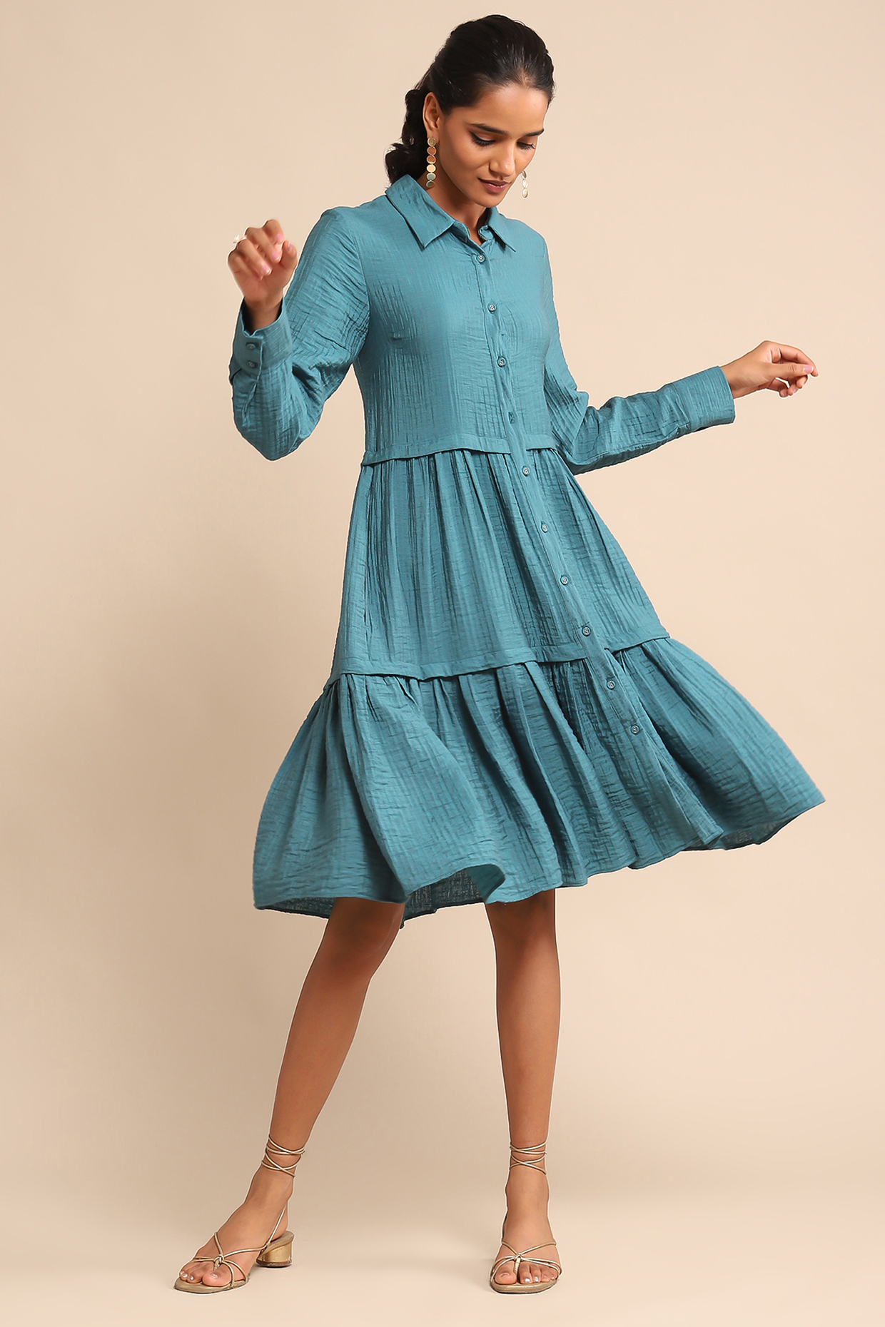 Teal Cotton Nylon Double Cloth Knee-Length Summer Dress by Ritu Kumar at Pernia's Pop Up Shop