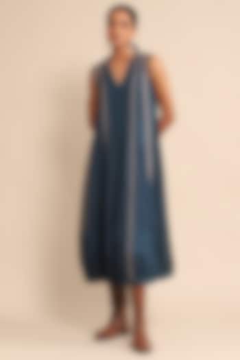 Blue Cotton Satin Lace Inserted Dress by Ritu Kumar