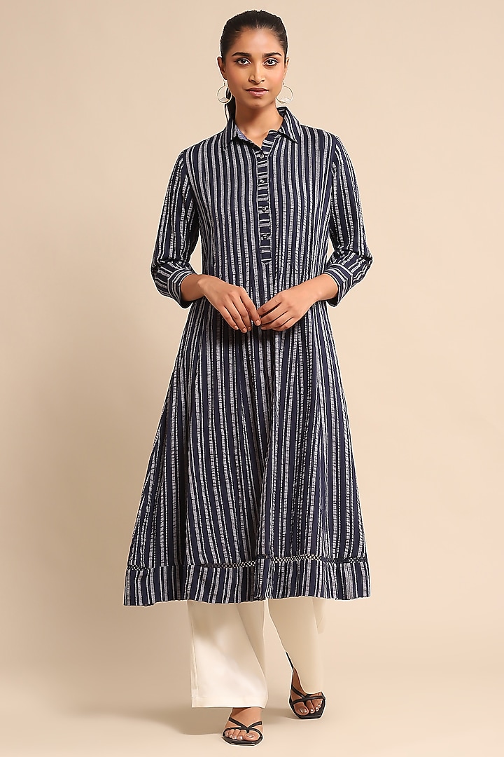 Blue Cotton Poly Seersucker Striped Midi Dress by Ritu Kumar