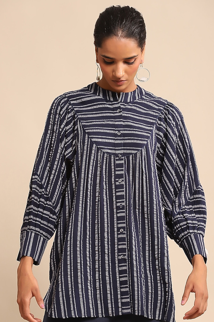 Blue Cotton Poly Seersucker Striped Shirt by Ritu Kumar at Pernia's Pop Up Shop