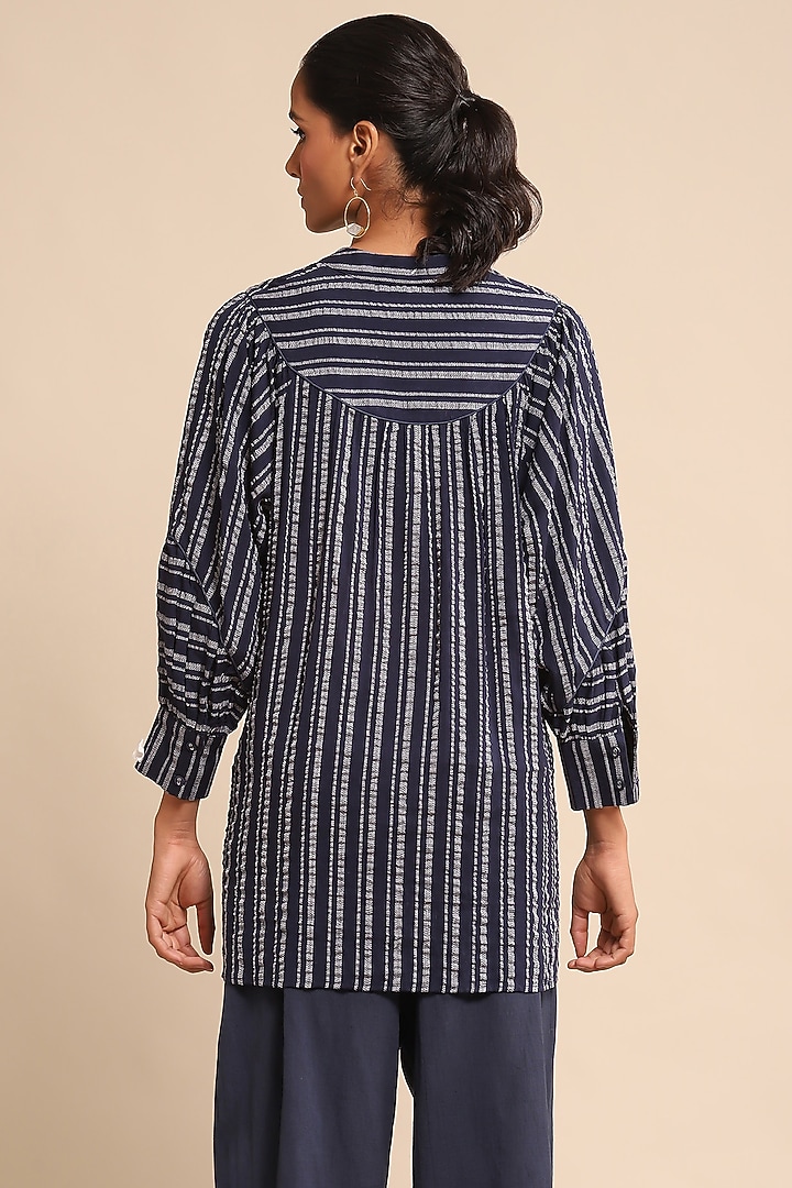 Blue Cotton Poly Seersucker Striped Shirt by Ritu Kumar at Pernia's Pop Up Shop