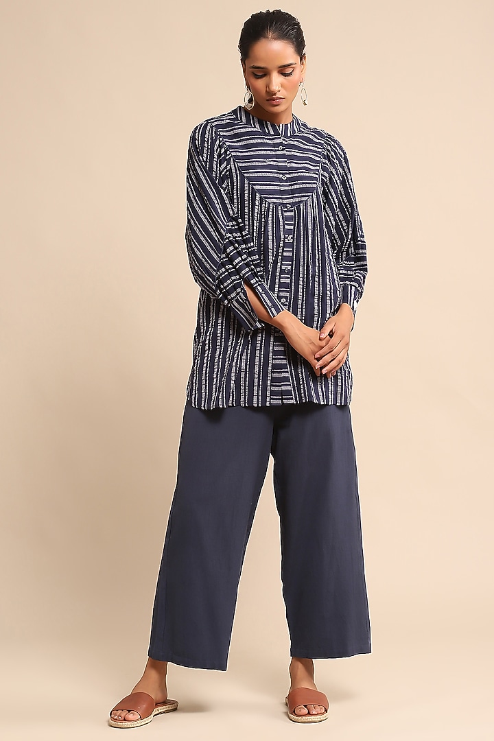 Blue Cotton Poly Seersucker Striped Shirt by Ritu Kumar at Pernia's Pop Up Shop