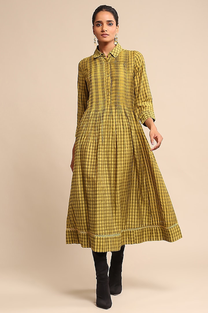 Yellow Viscose Chanderi Checkered Midi Dress by Ritu Kumar