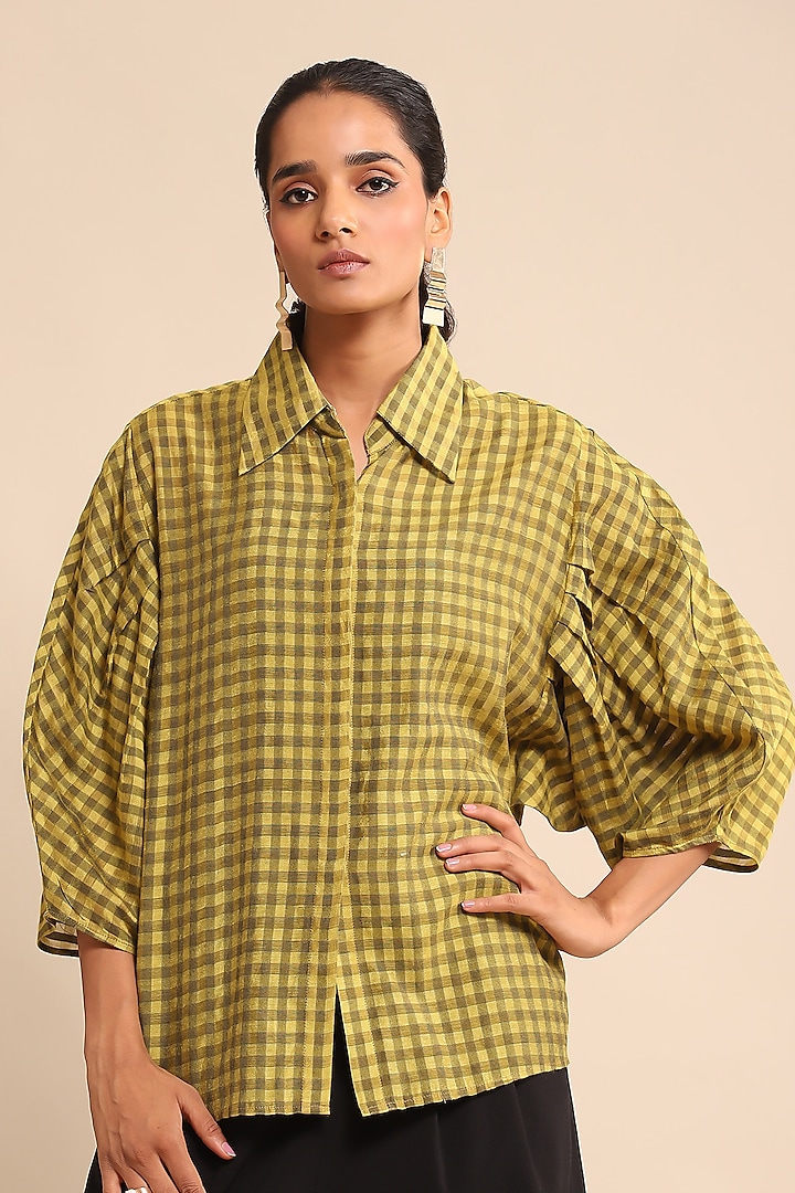 Yellow Viscose Chanderi Checkered Shirt by Ritu Kumar