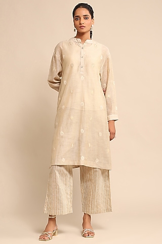 Beige Jacquard Chanderi Kurta Set by Ritu Kumar