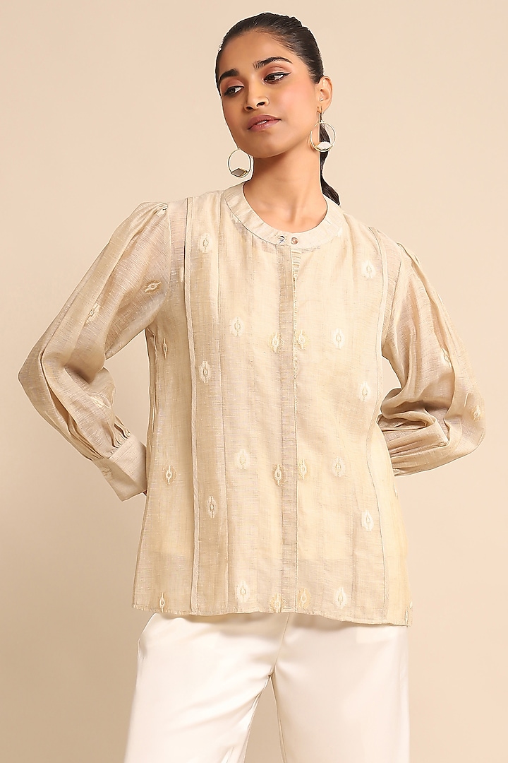 Beige Jacquard Chanderi Shirt by Ritu Kumar at Pernia's Pop Up Shop