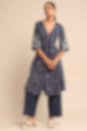 Blue Cotton Blend Checkered Printed Kurta Set by Ritu Kumar at Pernia's Pop Up Shop